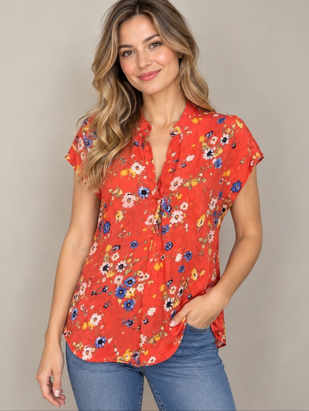 W5 Anthropologie Dark Coral Floral Hi-Low Short Sleeve Blouse